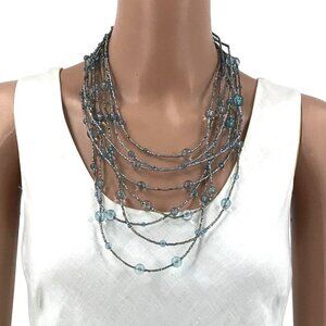 Multi Strand Beaded Necklace 8 Layer Tier Blue Gray Chunky
